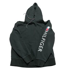 Tommy Hilfiger Spellout Black Hoodie Logo Sleeve Size XL 90s 2000s Streetwear